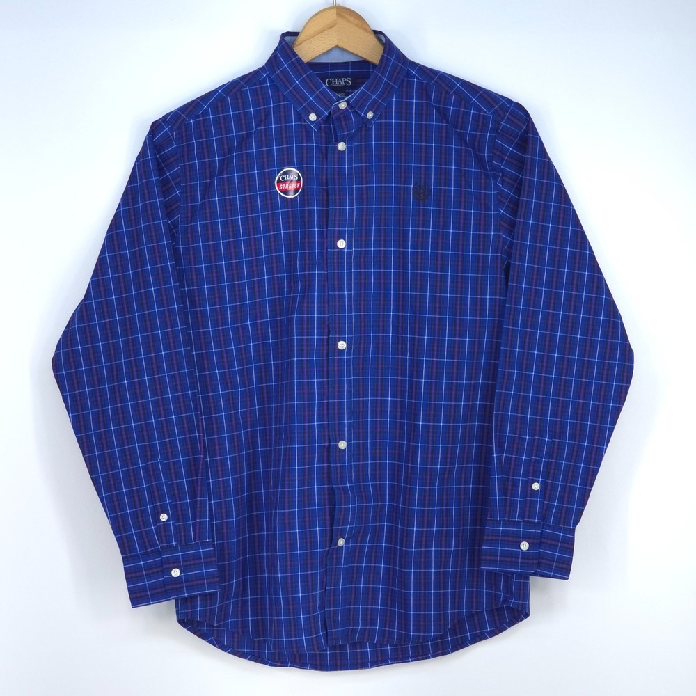 Chaps Stretch Easy Care Button-Up Shirt Boys XL Navy Blue Plaid School Preppy